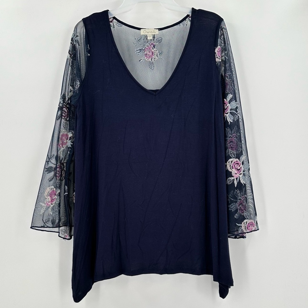 CHENAULT Women’s Navy Blue Top With Floral Embroidered Sheer Sleeves Size Large